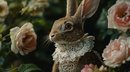 Obraz premium A rabbit dressed in an intricate lace collar gazes serenely, framed by blooming roses and greenery, creating a vintage, tranquil atmosphere