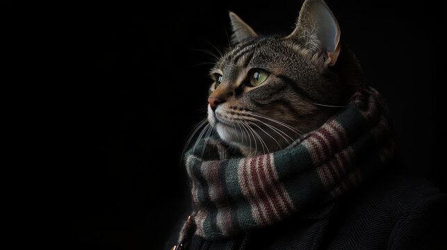 A reflective tabby cat wrapped in a tartan scarf and dark jacket, gazing somberly to the side with dramatic lighting