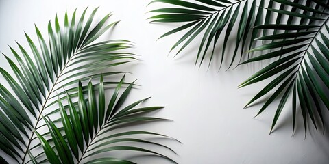 Obraz premium Minimalist Tropical Elegance: Silhouette of Palm Leaves on White Background for Relaxing Home Decor and Modern Design