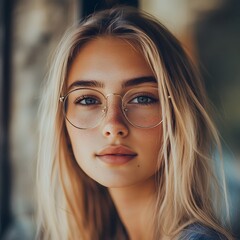 A young woman with long blonde hair and round glasses gazes intently, exuding a natural, serene beauty in a softly blurred background.