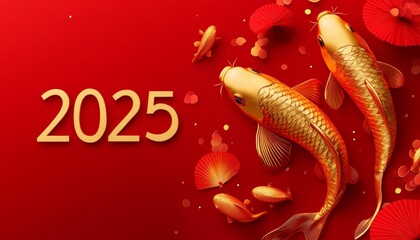 New year chinese style. luxury gold koi carp fish on red chinese background with copy space