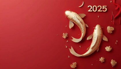 Obraz premium New year chinese style. luxury gold koi carp fish on red chinese background with copy space