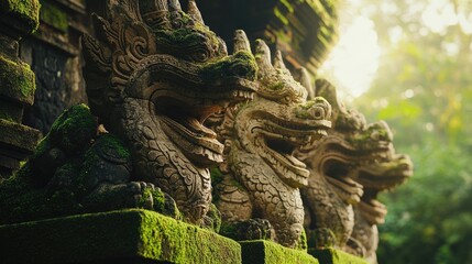 Fototapeta premium Ancient Stone Gargoyle Statues Covered in Moss