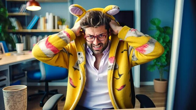 Designer wearing funny costume screaming holding his head working remotely from home office