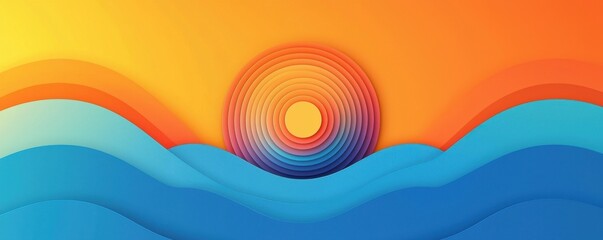 Colorful sunset over ocean waves in minimalist  art