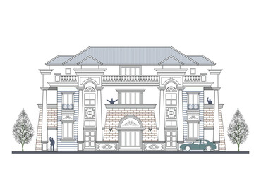 Facade of 3 storeys symmetrical modern classic building with 3 doors, 8 windows, long balustrade, frame, 6 columns, decoration, canopy, crowns, balcony, garage and trapezoidal wall elements.