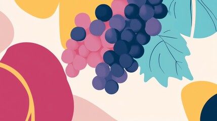 Vibrant Grape Harvest: A stylized illustration of ripe red and purple grapes, nestled amongst colorful abstract leaves and shapes. Perfect for wine labels, autumnal designs, or fresh food branding. 