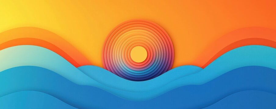 Colorful sunset over ocean waves in minimalist art