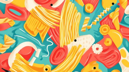 Pasta Party: A vibrant and playful illustration of various pasta shapes, capturing the essence of Italian cuisine and creating a cheerful, appetizing atmosphere.  