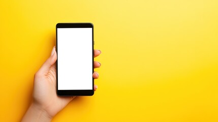 Mockup of female hand holding cell phone with blank screen on yellow background. 8k image