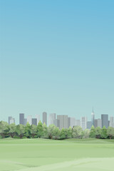 Obraz premium Public park with grass field in the city have skyscrapers and blue sky vertical background graphic illustration.