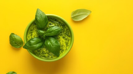 Fresh Basil Pesto: A vibrant green bowl of homemade pesto, adorned with fresh basil leaves, sits on a bright yellow background.