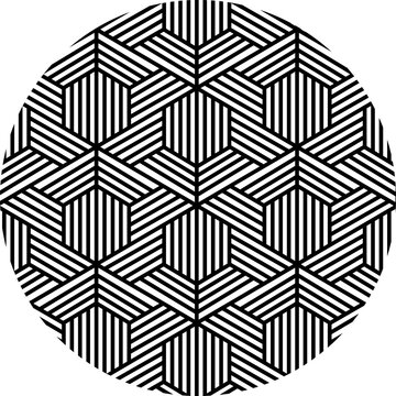 The image shows a circular geometric pattern featuring a tessellated design of hexagonal shapes filled with parallel black and white stripes in different orientations.