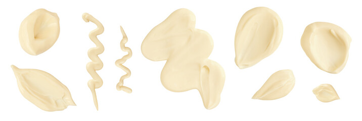 Mayonnaise smears isolated on white. Mayonnaise drop and splash set. Wavy lines of mayonnaise sauce on white. Design element Top view. Flat lay.