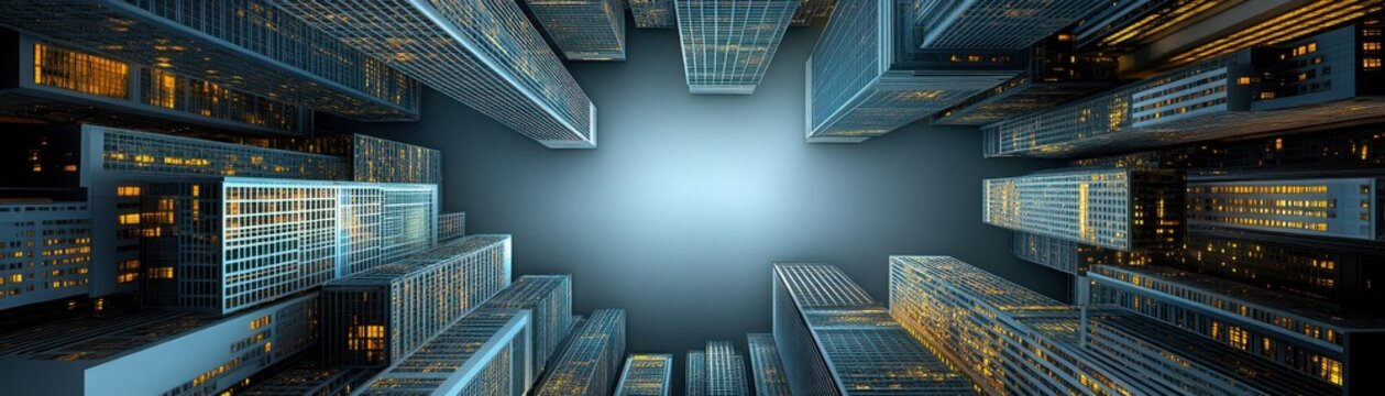 Investing mistake fail business and volatility Concept, A dramatic of financial skyscrapers tilting, showcasing modern architecture ideal for commercial use and visualization.