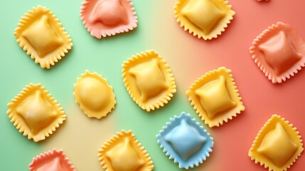 Ravioli Rainbow: A delightful arrangement of colorful ravioli against a vibrant gradient background, perfect for food photography, culinary inspiration, and pasta-themed designs. 