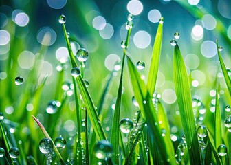 Fototapeta premium Rain Shower on Lush Green Grass â€“ Capturing Nature's Serenity and Beauty in Macro Photography with Glimmering Drops and Vibrant Colors
