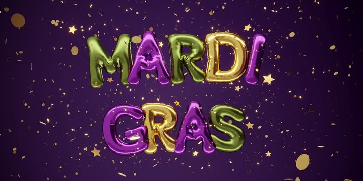 3D rendering of a festive Mardi Gras background with purple, gold and green lettering, masks, candies. Perfect for party banners and carnival promotions.
