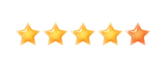 Five stars to rate clients. Golden star icon. Glossy yellow star. Light.