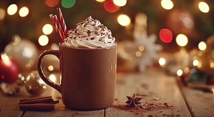 Hot chocolate with whipped cream in a mug, on a wooden table, with Christmas decorations and lights in the background