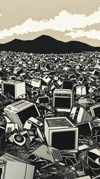 A sprawling landscape of discarded computers, televisions, and other electronic appliances stretches to the horizon under a pale sky