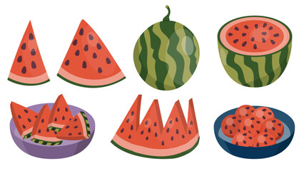 Watermelon slices, balls, whole watermelon, fruit set in flat style isolated on  white.