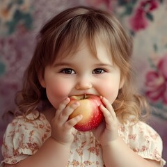 Naklejka premium A cute child with curly hair joyfully bites into a bright red apple, set against a floral background, radiating innocence and happiness.