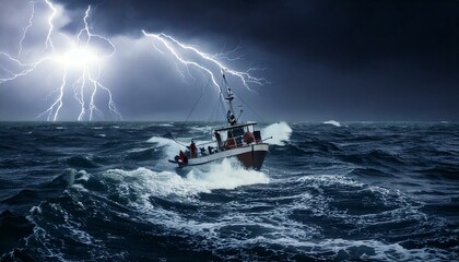 Obraz premium A rugged ocean during a fierce storm, massive waves, a small ship.