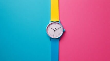 Time Flies: A minimalist wristwatch with a white face and a blue strap rests against a vibrant blue and pink backdrop, symbolizing the passage of time and the importance of seizing the moment.