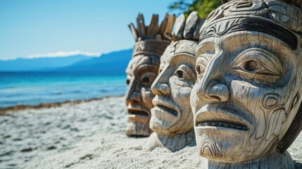 Carved Wooden Faces on a Beach