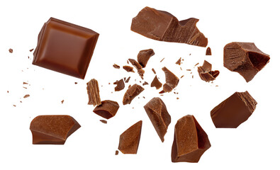 Broken chocolate bar pieces flying. Chocolate isolated on white background. Milk Chocolate...
