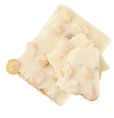 White chocolate bar with pieces isolated on white background. Hazel nuts white Chocolate Top view, flat lay.