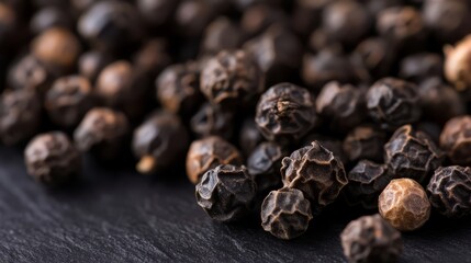 Black Peppercorns Macro: A close-up shot of black peppercorns, their wrinkled surfaces and earthy tones highlighted in a macro photograph. The perfect image for culinary, spice.