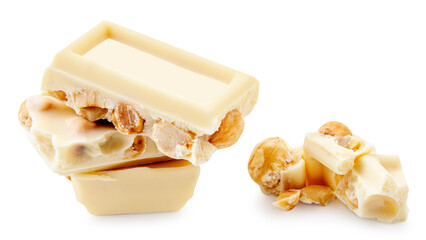 White chocolate bar with pieces isolated on white background. Hazelnuts white Chocolate in a stack close up.