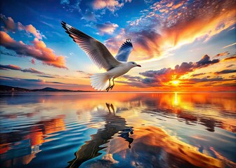 Obraz premium Stunning Double Exposure of Seagull Flying Over Water at Sunset - Serene Nature Photography, Ocean Sunset, Seagull Silhouette, Tranquil Landscape, Majestic Birds, Dreamy Aesthetic