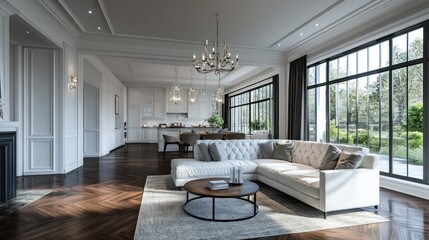 Fototapeta premium Elegant Open Plan Living Space with Modern Kitchen and Luxurious Furniture