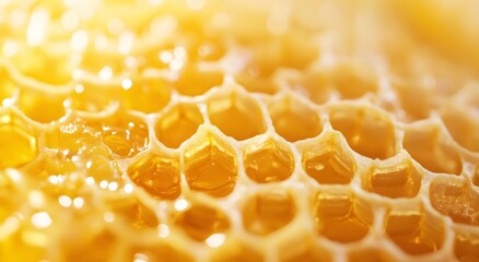 A close-up of golden honeycomb, each cell filled with amber colored nectar and the cells illuminated by warm sunlight. creating an intricate pattern that represents the beauty and complexity of nature