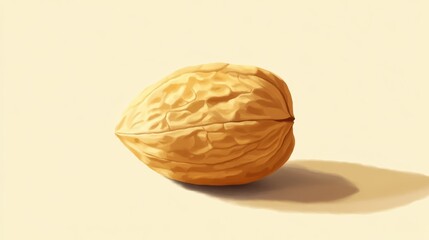 Obraz premium Walnut Shell: A Single Walnut, in a natural light setting, reveals its intricate shell, with a subtle shadow cast on a creamy background. Its texture is highlighted.