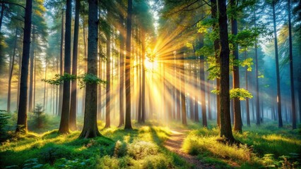 Naklejka premium Sunlight Filtering Through Misty Forest Trees with Bokeh Effect for Peaceful Nature Imagery