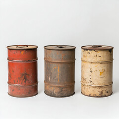 Three Vintage Rusty Metal Barrels on White Background

