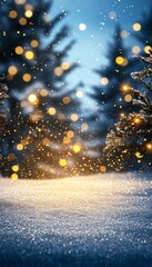 Naklejka premium Snowy Landscape, Abstract Winter Stage With Golden Christmas Lights Against Blue Sky, Copy Space