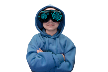 Portrait of a girl with a virtual reality headset with HUD in a blue hoodie on a transparent background. Virtual reality glasses. Cyberspace, entertainment, online leisure concept