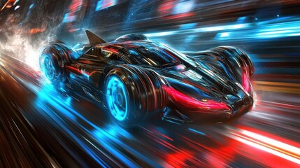 Fototapeta premium Futuristic Car Speeding Through Neon City