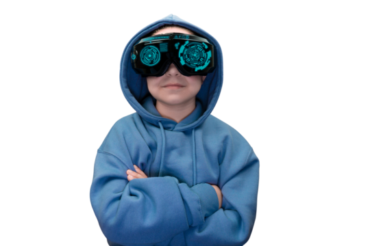 Portrait of a girl with a virtual reality headset with HUD in a blue hoodie on a transparent background. Virtual reality glasses. Cyberspace, entertainment, online leisure concept