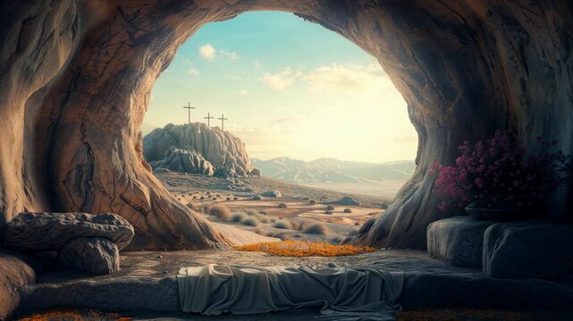 Empty tomb of Jesus Christ. Crucifixions in the rays of the sun