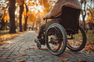 Obraz premium Elderly Person in Wheelchair on Pathway in Urban Park