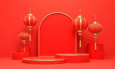 Chinese red background, 3D award podium, luxury Chinese new year product stage, Chinese product display background, red award podium, abstract light studio, Asian circle shape, happy, modern
