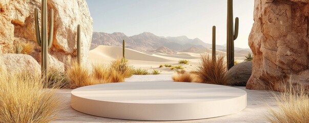 Minimalist modern podium for product display in natural desert setting
