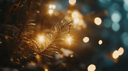 Sparklers light up the calm dusk sky, creating a dreamy ambiance with blurred golden lights shimmering behind.