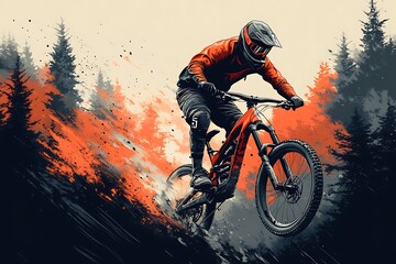 Naklejka premium Mountain biker soars down a fiery snowy slope at sunset.